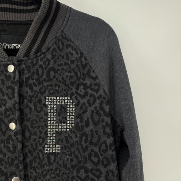 Victoria’s Secret PINK Leopard Varsity Jacket M Gray Black Rhinestone LOVE PINK - Picture 2 of 7